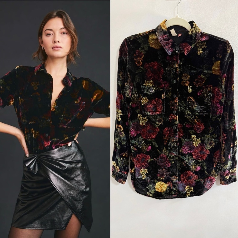 Anthropologie Picro Hadley Velvet Floral Button-Down Shirt